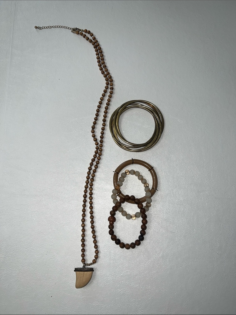 Wood Bead Pendant Necklace and Bracelet Set - Brown
